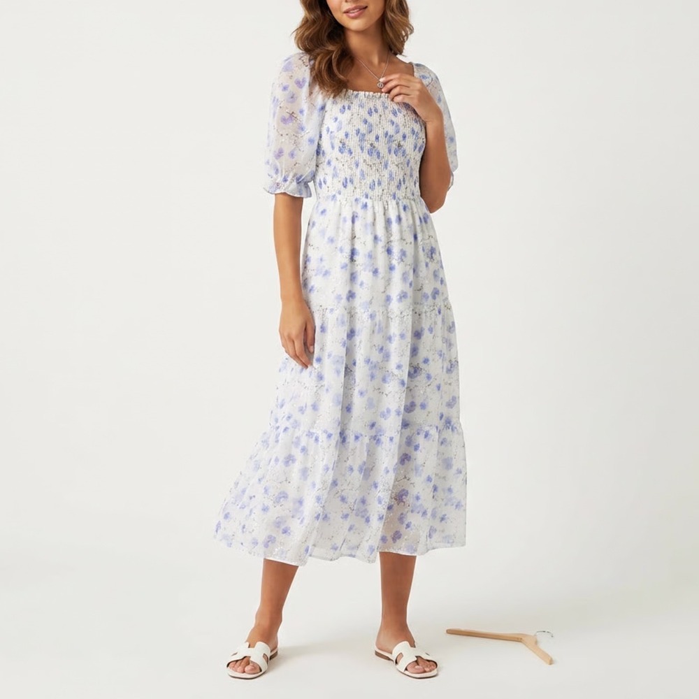 Sissyaki Blue Floral Smocked Midi Dress Square Neck Puff Sleeve Large